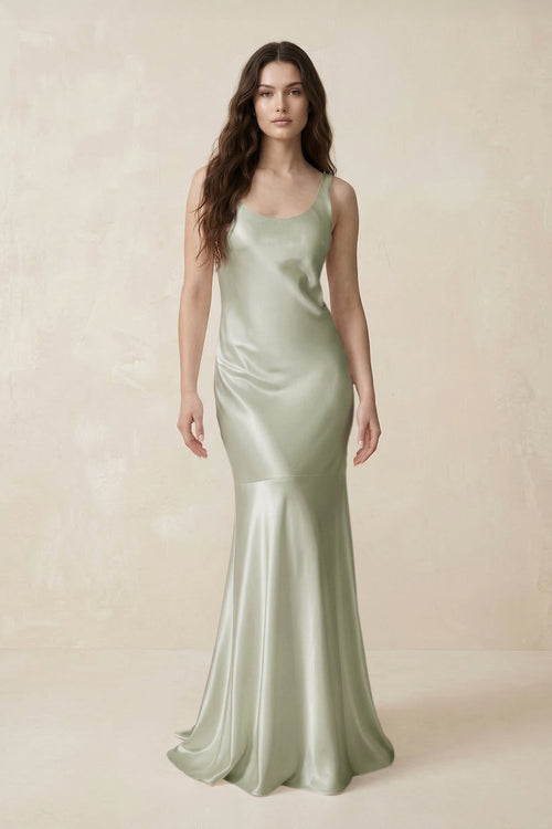 Mermaid Scoop Neck Satin Bridesmaid Dress with Bow in Frost - KissProm Bridesmaid Dresses