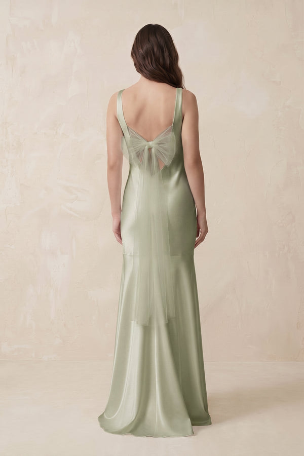 Mermaid Scoop Neck Satin Bridesmaid Dress with Bow in Frost - KissProm Bridesmaid Dresses