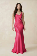 Mermaid Scoop Neck Satin Bridesmaid Dress with Bow in Fuchsia - KissProm Bridesmaid Dresses