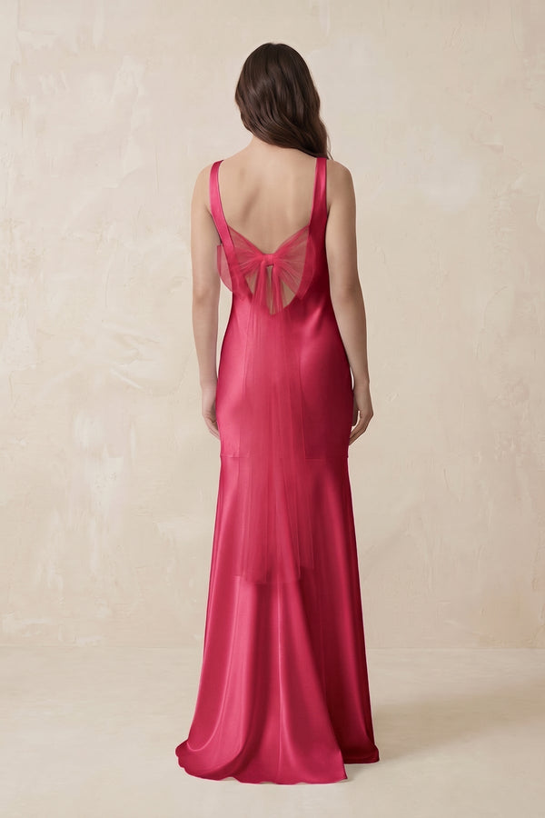 Mermaid Scoop Neck Satin Bridesmaid Dress with Bow in Fuchsia - KissProm Bridesmaid Dresses