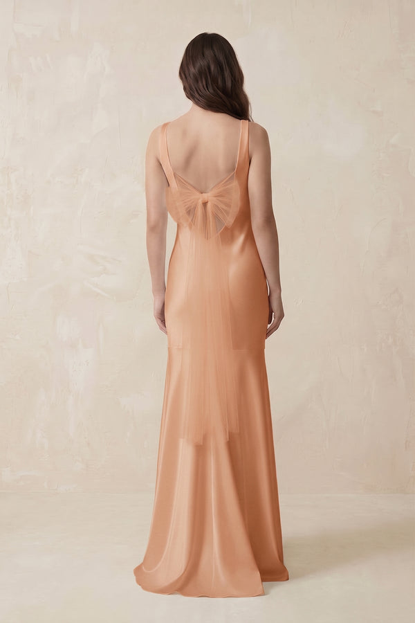Mermaid Scoop Neck Satin Bridesmaid Dress with Bow in Golden Champagne - KissProm Bridesmaid Dresses