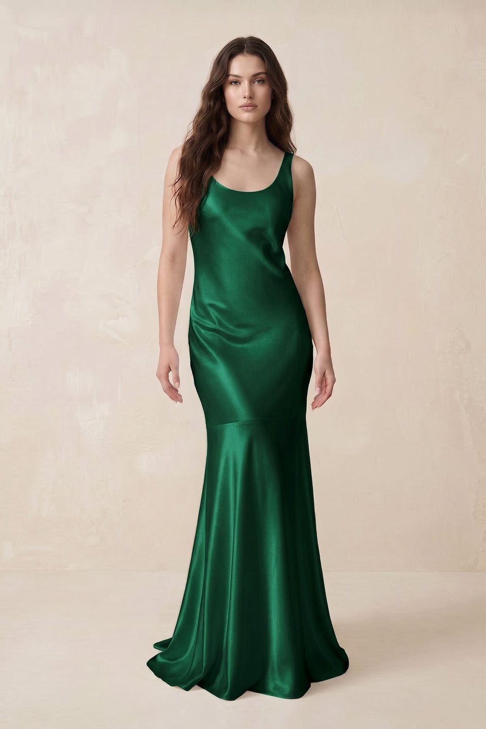 Mermaid Scoop Neck Satin Bridesmaid Dress with Bow in Green - KissProm Bridesmaid Dresses