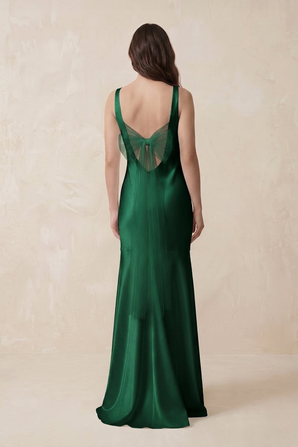 Mermaid Scoop Neck Satin Bridesmaid Dress with Bow in Green - KissProm Bridesmaid Dresses