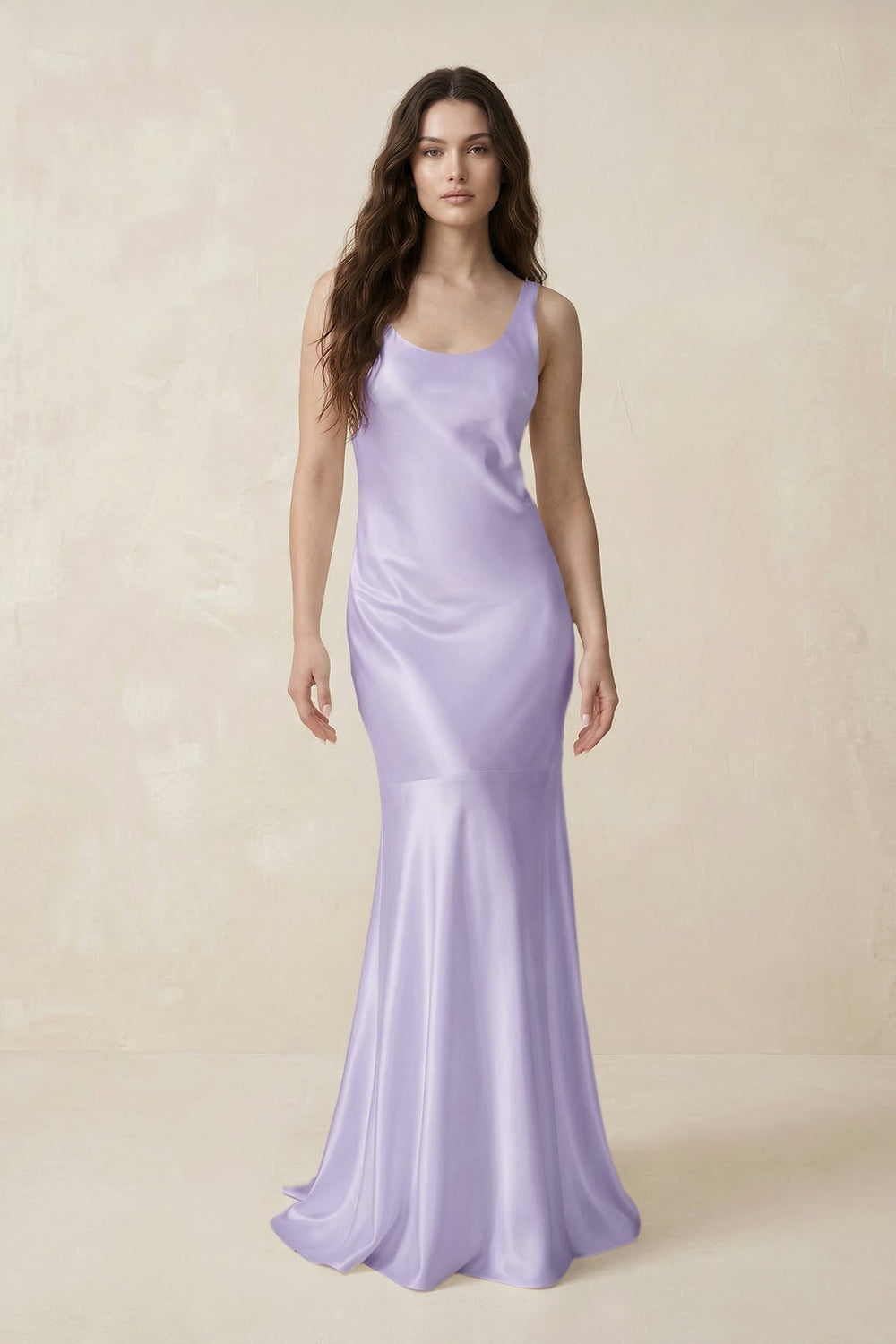 Mermaid Scoop Neck Satin Bridesmaid Dress with Bow in Lavender - KissProm Bridesmaid Dresses