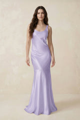 Mermaid Scoop Neck Satin Bridesmaid Dress with Bow in Lavender - KissProm Bridesmaid Dresses
