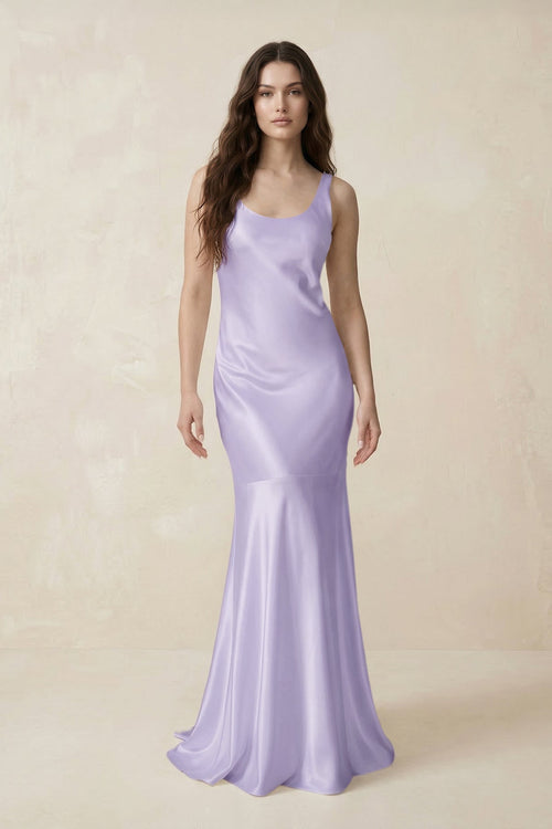 Mermaid Scoop Neck Satin Bridesmaid Dress with Bow in Lavender - KissProm Bridesmaid Dresses