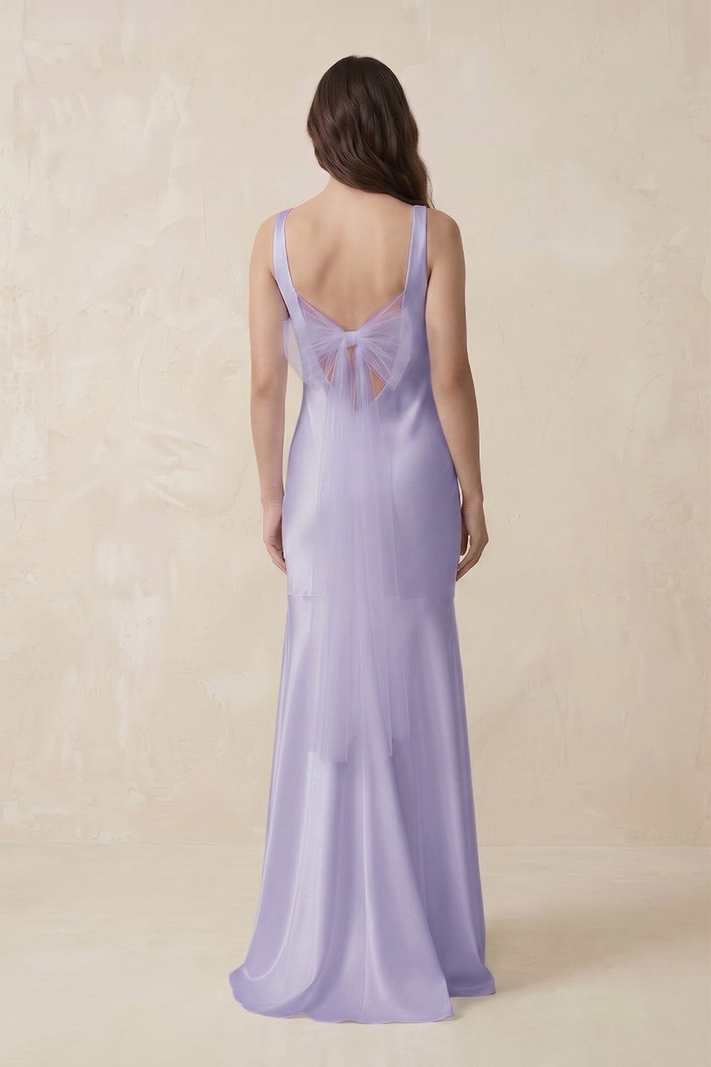 Mermaid Scoop Neck Satin Bridesmaid Dress with Bow in Lavender - KissProm Bridesmaid Dresses