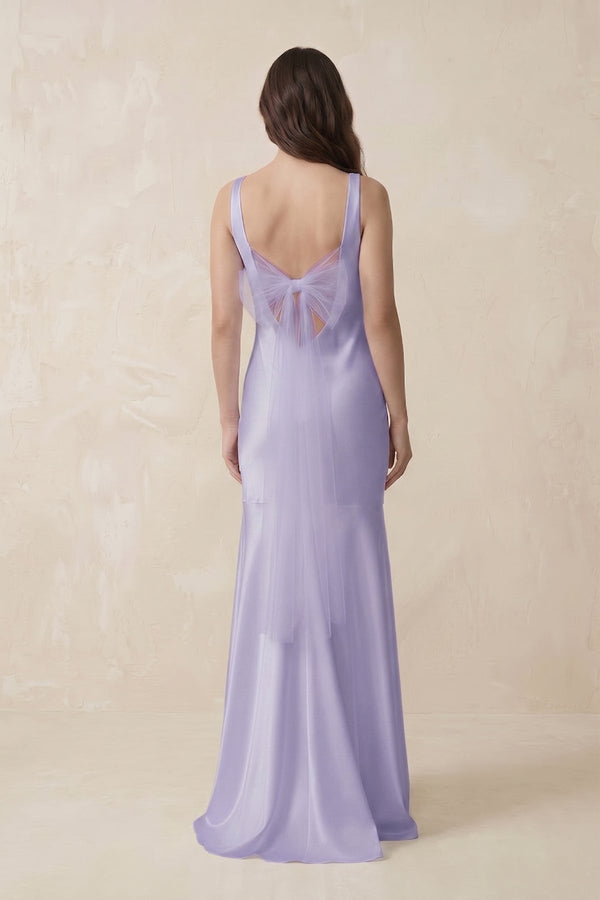 Mermaid Scoop Neck Satin Bridesmaid Dress with Bow in Lavender - KissProm Bridesmaid Dresses