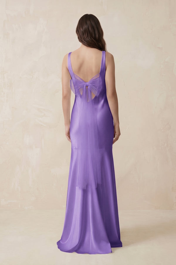 Mermaid Scoop Neck Satin Bridesmaid Dress with Bow in Lilac - KissProm Bridesmaid Dresses