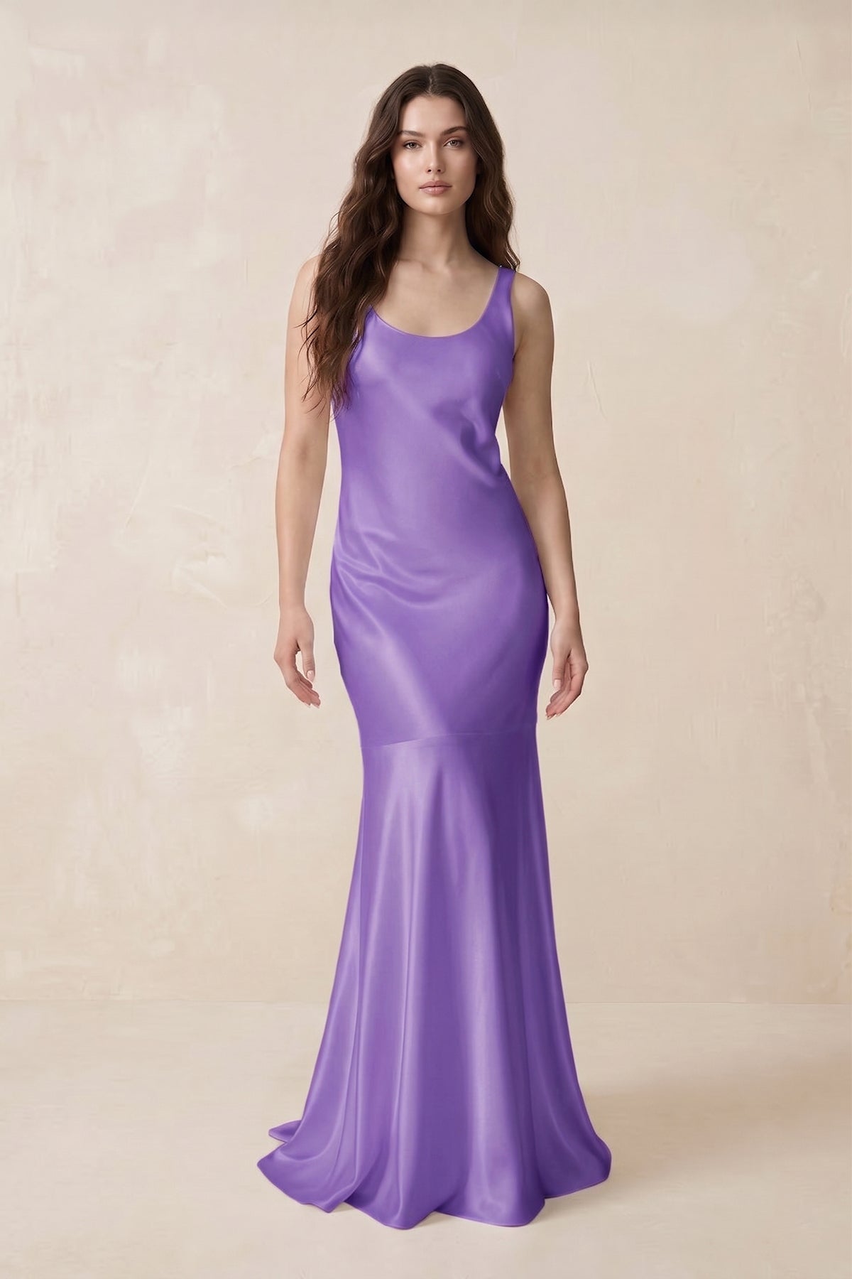 KissProm Mermaid Scoop Neck Satin Bridesmaid Dress with Bow in Lilac, Lilac / 6