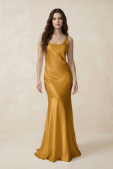 Mermaid Scoop Neck Satin Bridesmaid Dress with Bow in Marigold - KissProm Bridesmaid Dresses