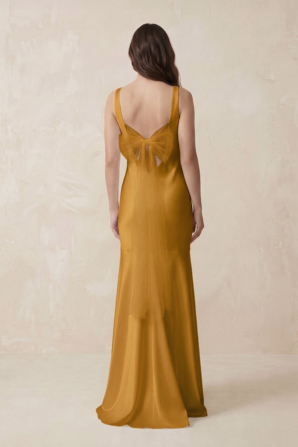Mermaid Scoop Neck Satin Bridesmaid Dress with Bow in Marigold - KissProm Bridesmaid Dresses
