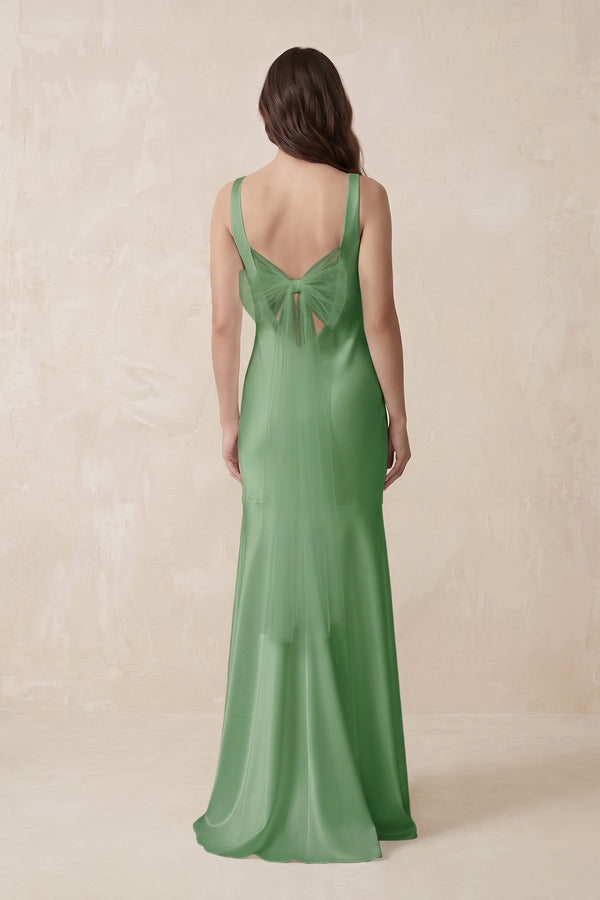 Mermaid Scoop Neck Satin Bridesmaid Dress with Bow in Matcha - KissProm Bridesmaid Dresses