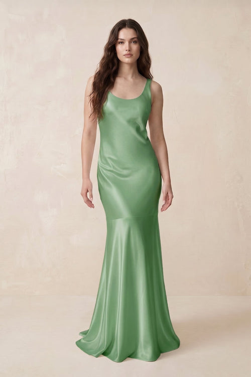 Mermaid Scoop Neck Satin Bridesmaid Dress with Bow in Matcha - KissProm Bridesmaid Dresses