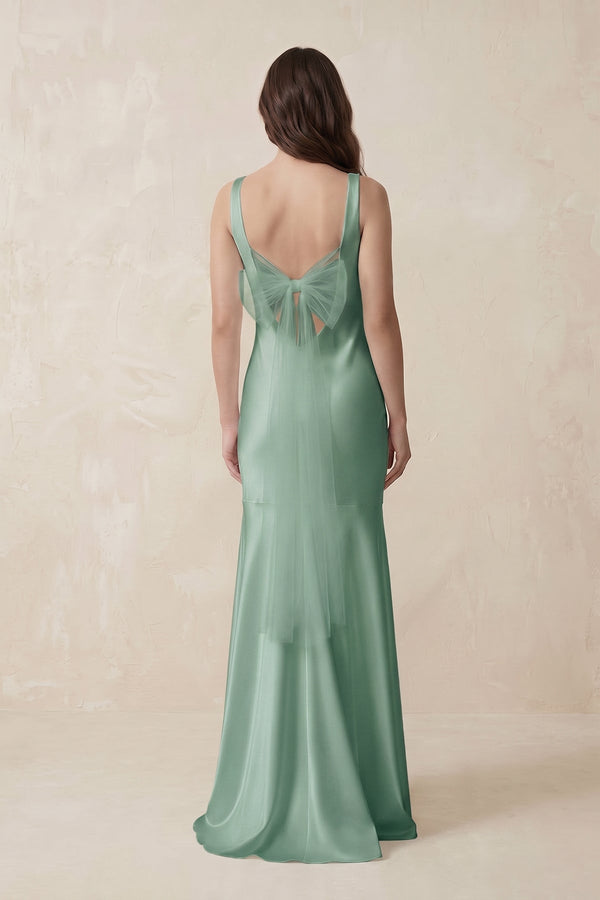Mermaid Scoop Neck Satin Bridesmaid Dress with Bow in Mint Green - KissProm Bridesmaid Dresses