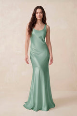 Mermaid Scoop Neck Satin Bridesmaid Dress with Bow in Mint Green - KissProm Bridesmaid Dresses