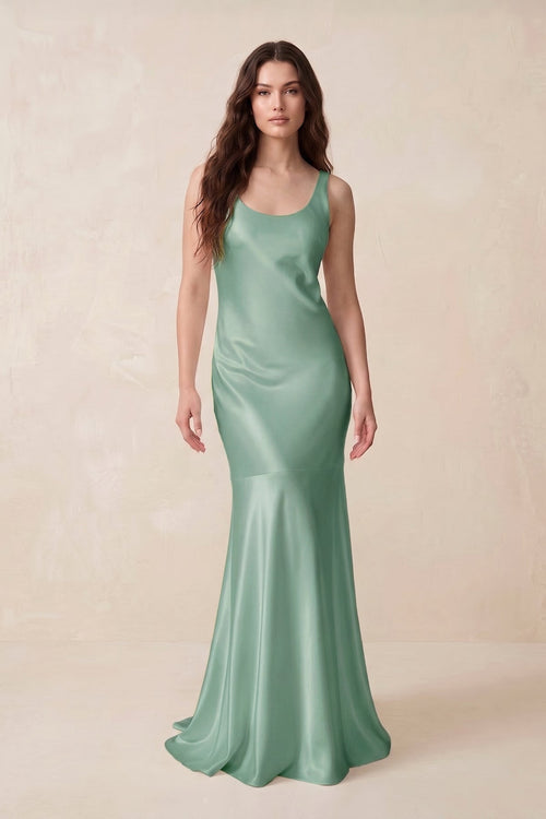 Mermaid Scoop Neck Satin Bridesmaid Dress with Bow in Mint Green - KissProm Bridesmaid Dresses