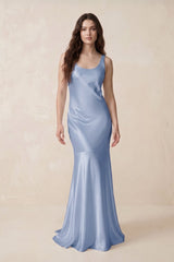 Mermaid Scoop Neck Satin Bridesmaid Dress with Bow in Mist - KissProm Bridesmaid Dresses