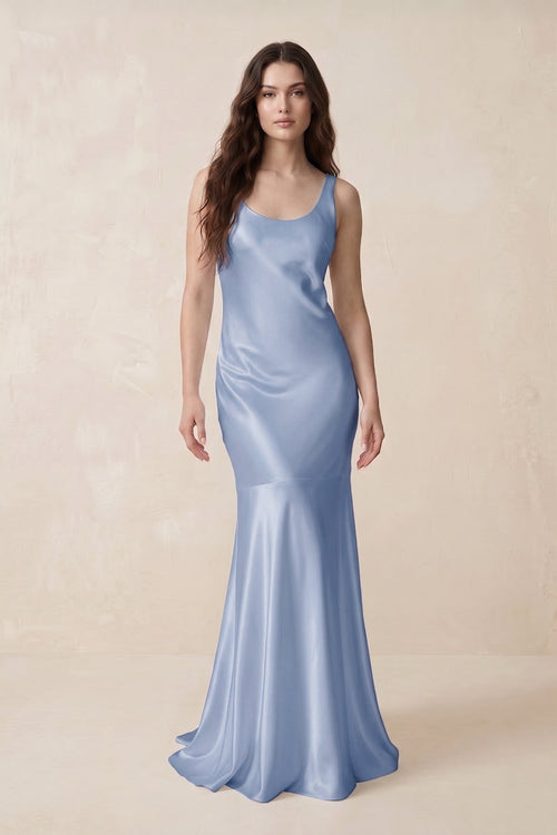 Mermaid Scoop Neck Satin Bridesmaid Dress with Bow in Mist - KissProm Bridesmaid Dresses