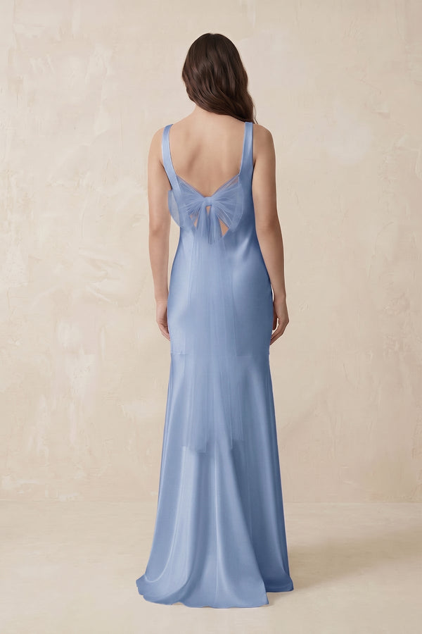 Mermaid Scoop Neck Satin Bridesmaid Dress with Bow in Mist - KissProm Bridesmaid Dresses