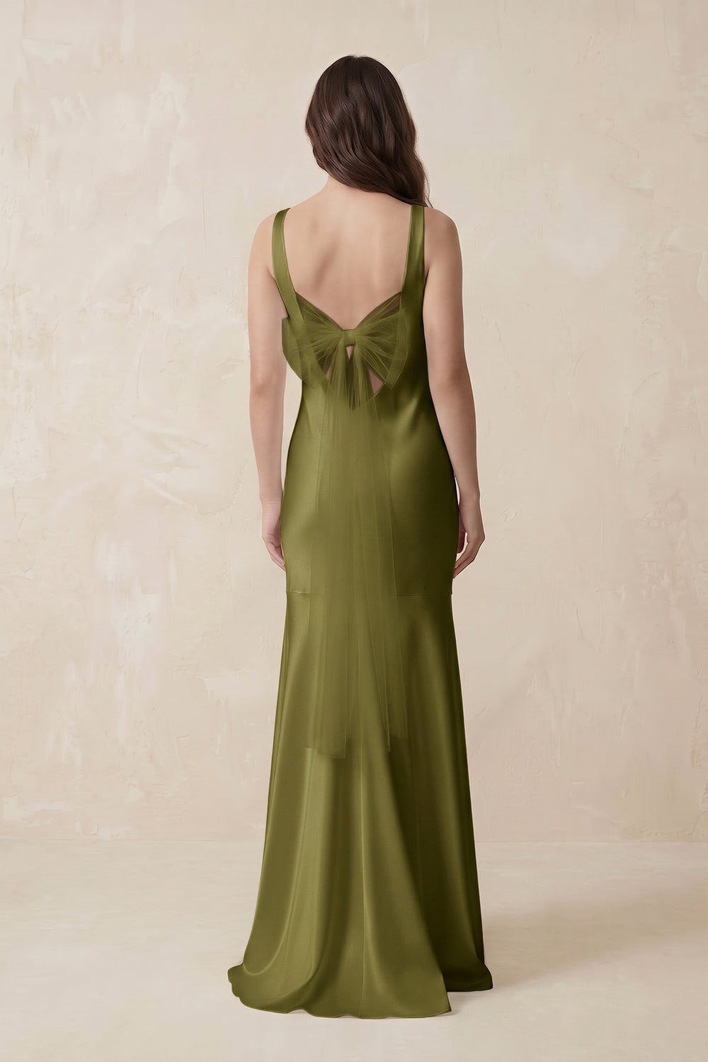 Mermaid Scoop Neck Satin Bridesmaid Dress with Bow in Moss Green - KissProm Bridesmaid Dresses