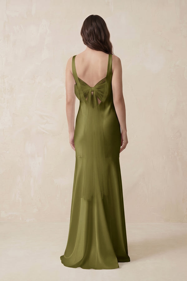 Mermaid Scoop Neck Satin Bridesmaid Dress with Bow in Moss Green - KissProm Bridesmaid Dresses