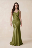 Mermaid Scoop Neck Satin Bridesmaid Dress with Bow in Moss Green - KissProm Bridesmaid Dresses