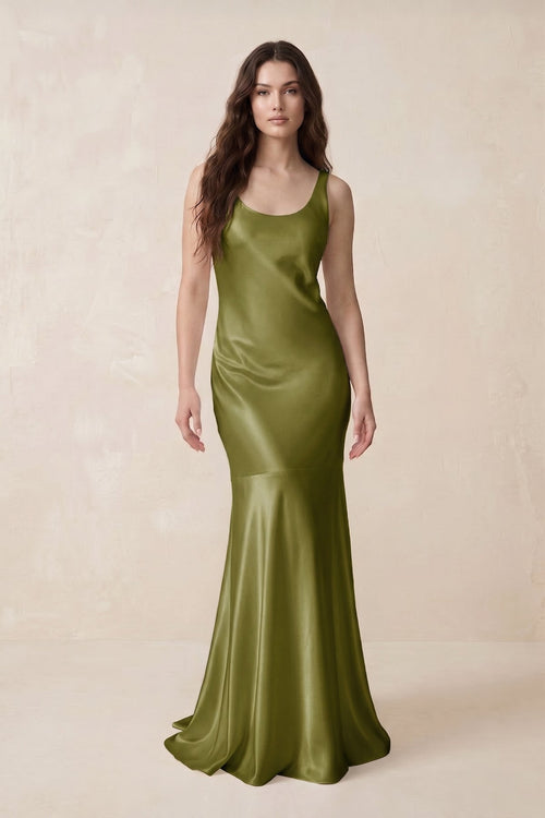 Mermaid Scoop Neck Satin Bridesmaid Dress with Bow in Moss Green - KissProm Bridesmaid Dresses