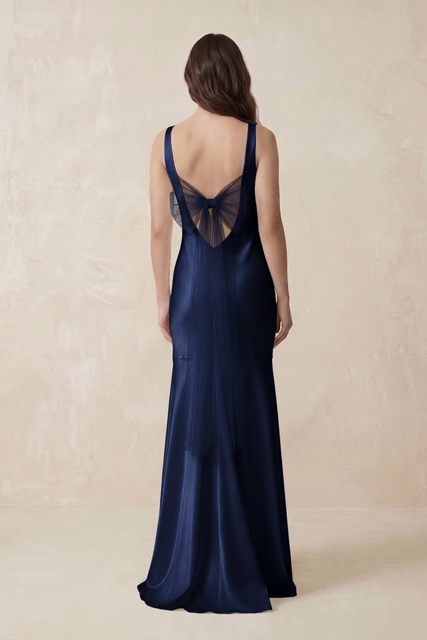 Mermaid Scoop Neck Satin Bridesmaid Dress with Bow in Navy - KissProm Bridesmaid Dresses