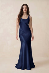Mermaid Scoop Neck Satin Bridesmaid Dress with Bow in Navy - KissProm Bridesmaid Dresses