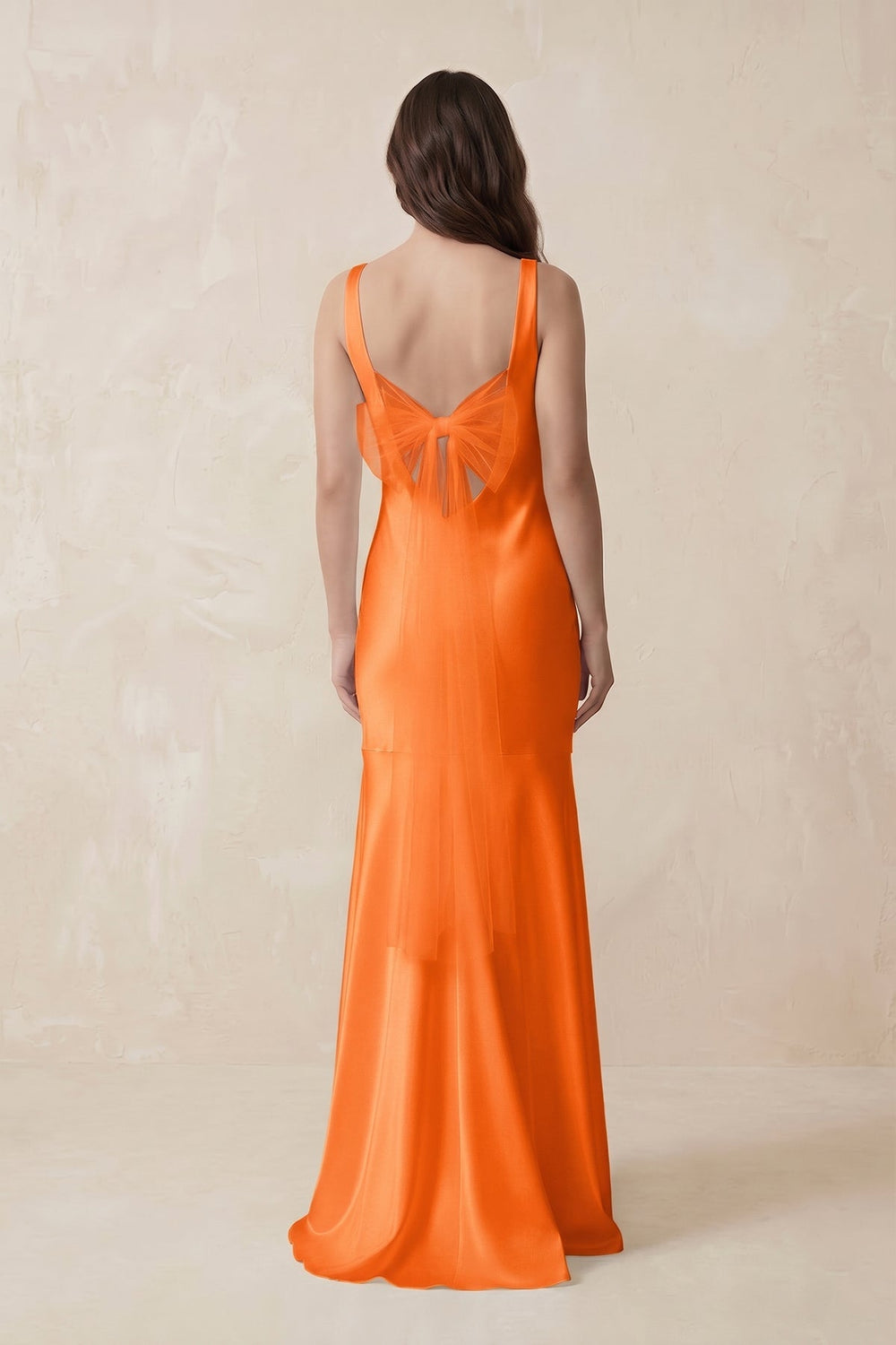 Mermaid Scoop Neck Satin Bridesmaid Dress with Bow in Orange - KissProm Bridesmaid Dresses
