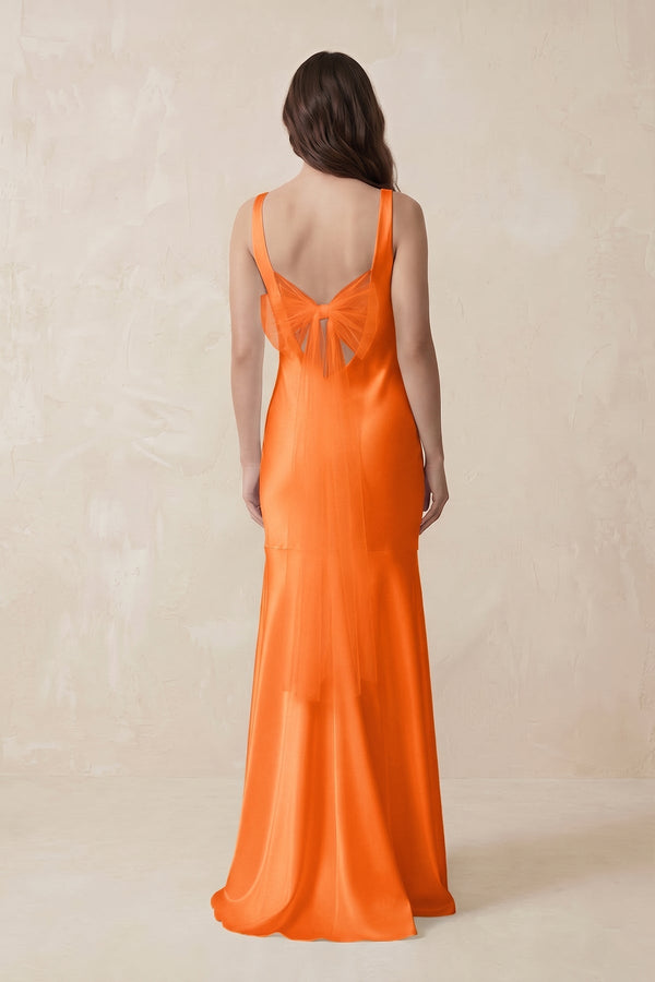 Mermaid Scoop Neck Satin Bridesmaid Dress with Bow in Orange - KissProm Bridesmaid Dresses