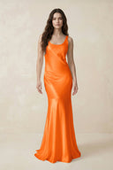Mermaid Scoop Neck Satin Bridesmaid Dress with Bow in Orange - KissProm Bridesmaid Dresses