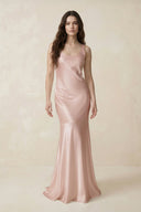 Mermaid Scoop Neck Satin Bridesmaid Dress with Bow in Pale Blush - KissProm Bridesmaid Dresses