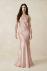 Mermaid Scoop Neck Satin Bridesmaid Dress with Bow in Pale Blush - KissProm Bridesmaid Dresses