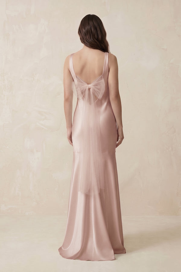 Mermaid Scoop Neck Satin Bridesmaid Dress with Bow in Pale Blush - KissProm Bridesmaid Dresses