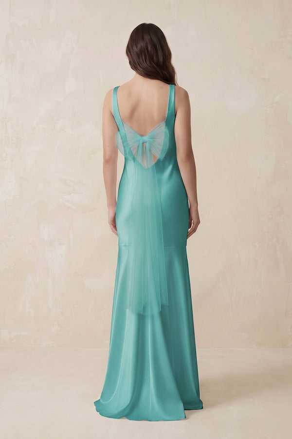 Mermaid Scoop Neck Satin Bridesmaid Dress with Bow in Pale Pistachio - KissProm Bridesmaid Dresses
