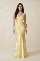 Mermaid Scoop Neck Satin Bridesmaid Dress with Bow in Pastel Yellow - KissProm Bridesmaid Dresses