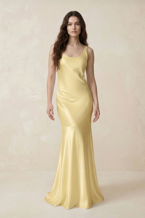 Mermaid Scoop Neck Satin Bridesmaid Dress with Bow in Pastel Yellow - KissProm Bridesmaid Dresses