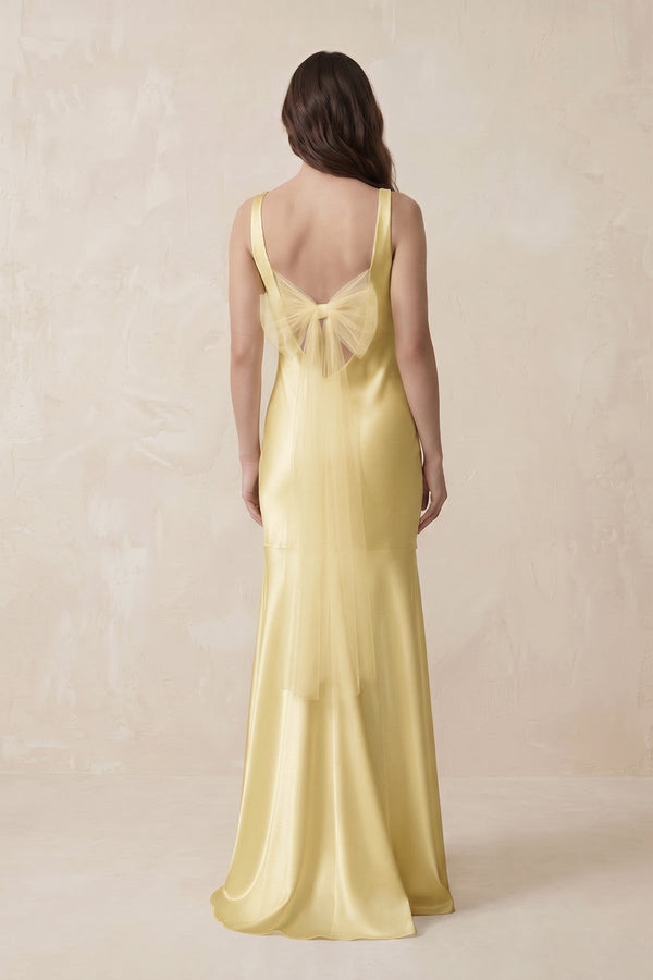 Mermaid Scoop Neck Satin Bridesmaid Dress with Bow in Pastel Yellow - KissProm Bridesmaid Dresses