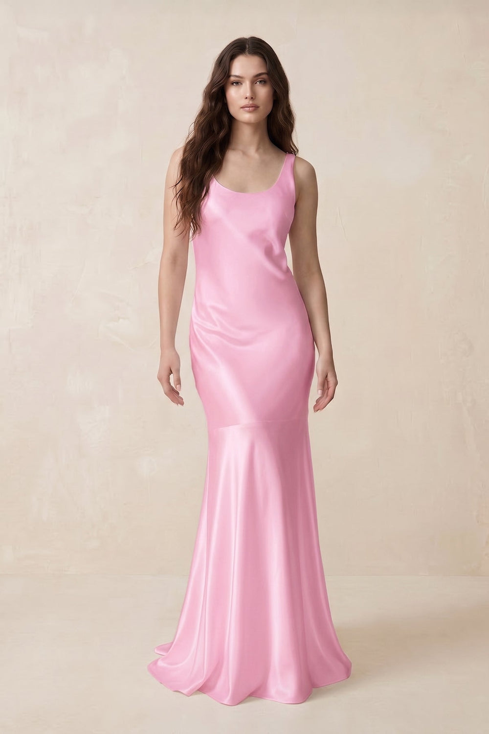 Mermaid Scoop Neck Satin Bridesmaid Dress with Bow in Pink - KissProm Bridesmaid Dresses
