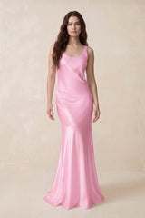 Mermaid Scoop Neck Satin Bridesmaid Dress with Bow in Pink - KissProm Bridesmaid Dresses