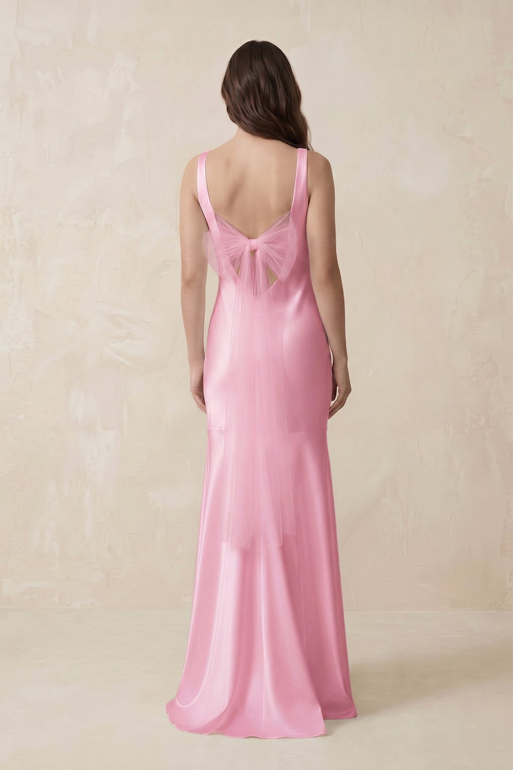 Mermaid Scoop Neck Satin Bridesmaid Dress with Bow in Pink - KissProm Bridesmaid Dresses