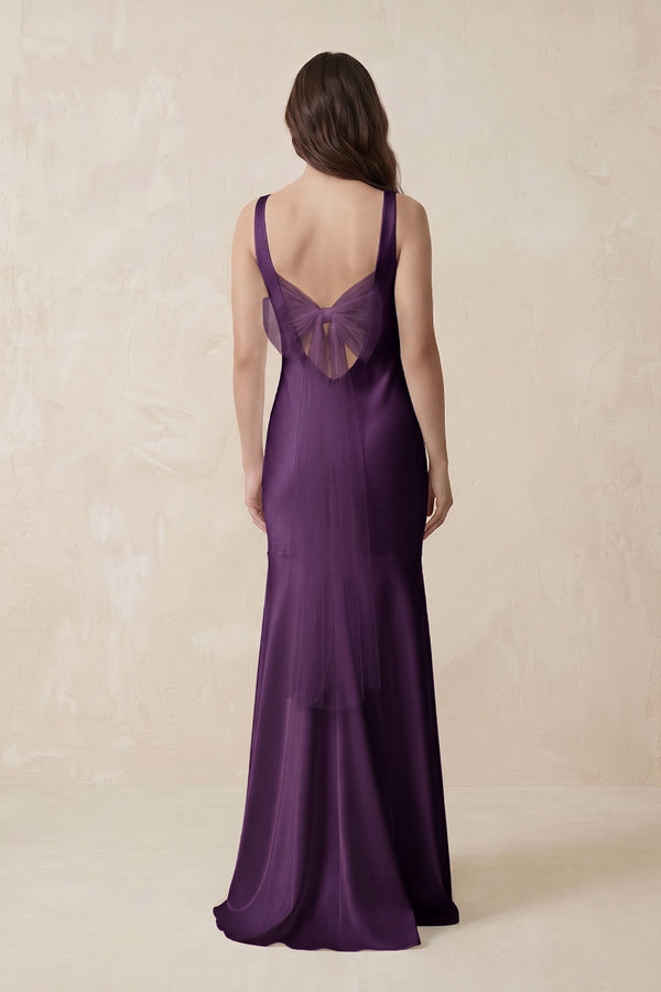 Mermaid Scoop Neck Satin Bridesmaid Dress with Bow in Plum - KissProm Bridesmaid Dresses