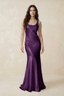 Mermaid Scoop Neck Satin Bridesmaid Dress with Bow in Plum - KissProm Bridesmaid Dresses