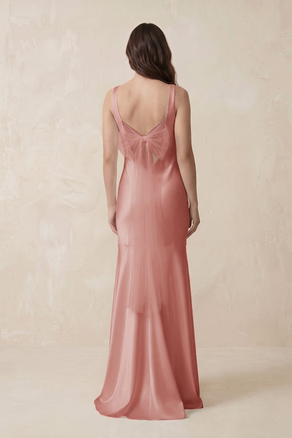 Mermaid Scoop Neck Satin Bridesmaid Dress with Bow in Rose Petal - KissProm Bridesmaid Dresses