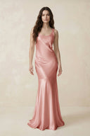 Mermaid Scoop Neck Satin Bridesmaid Dress with Bow in Rose Petal - KissProm Bridesmaid Dresses