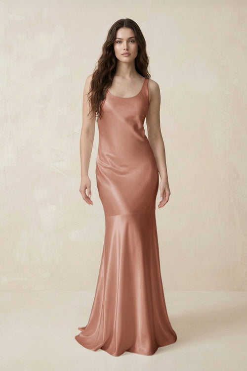 Mermaid Scoop Neck Satin Bridesmaid Dress with Bow in Rosette - KissProm Bridesmaid Dresses