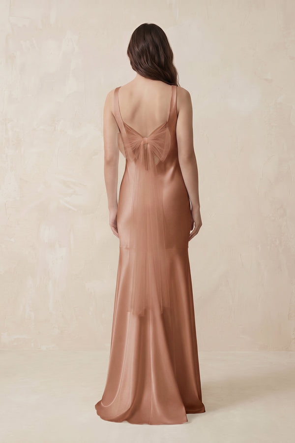 Mermaid Scoop Neck Satin Bridesmaid Dress with Bow in Rosette - KissProm Bridesmaid Dresses