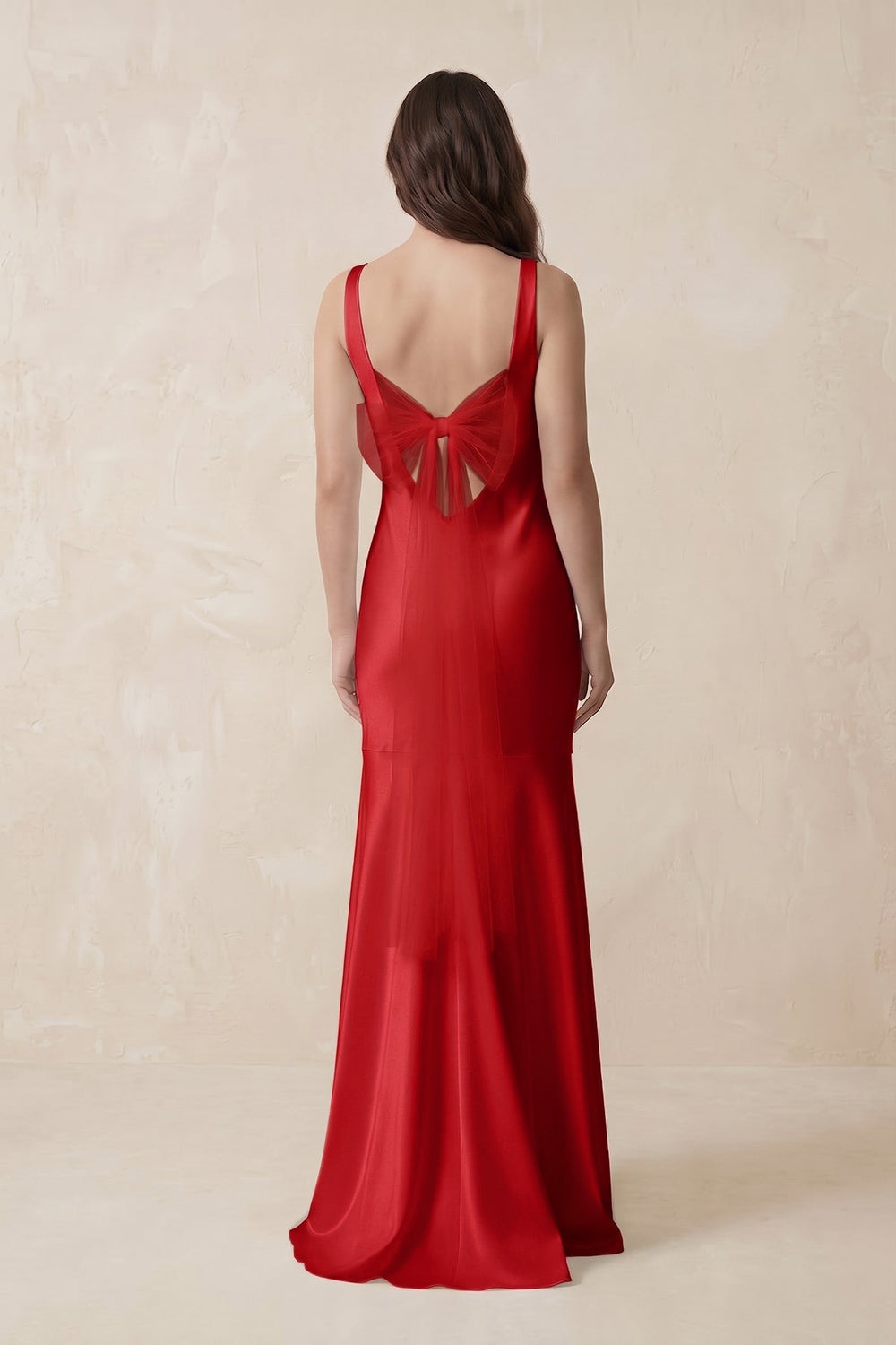 Mermaid Scoop Neck Satin Bridesmaid Dress with Bow in Ruby Red - KissProm Bridesmaid Dresses